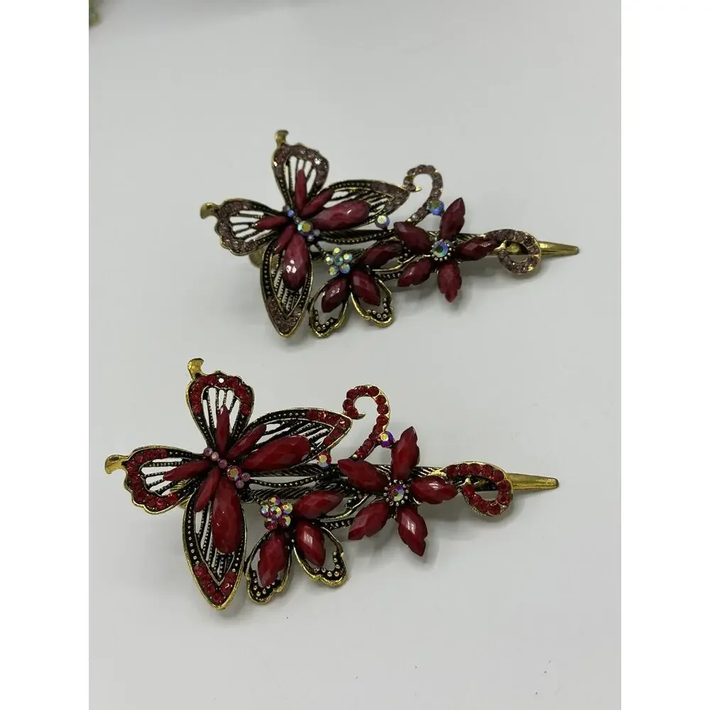 Set Of Two Red Butterfly Victorian Theme Hair Clips With Stones - Faceted Stones